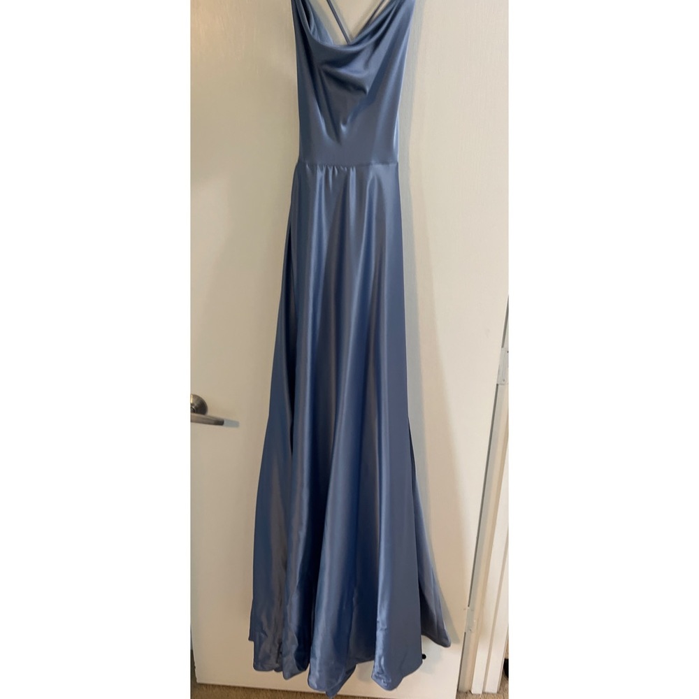 Windsor blue satin formal lace up dress with side slit and pockets size 5/6